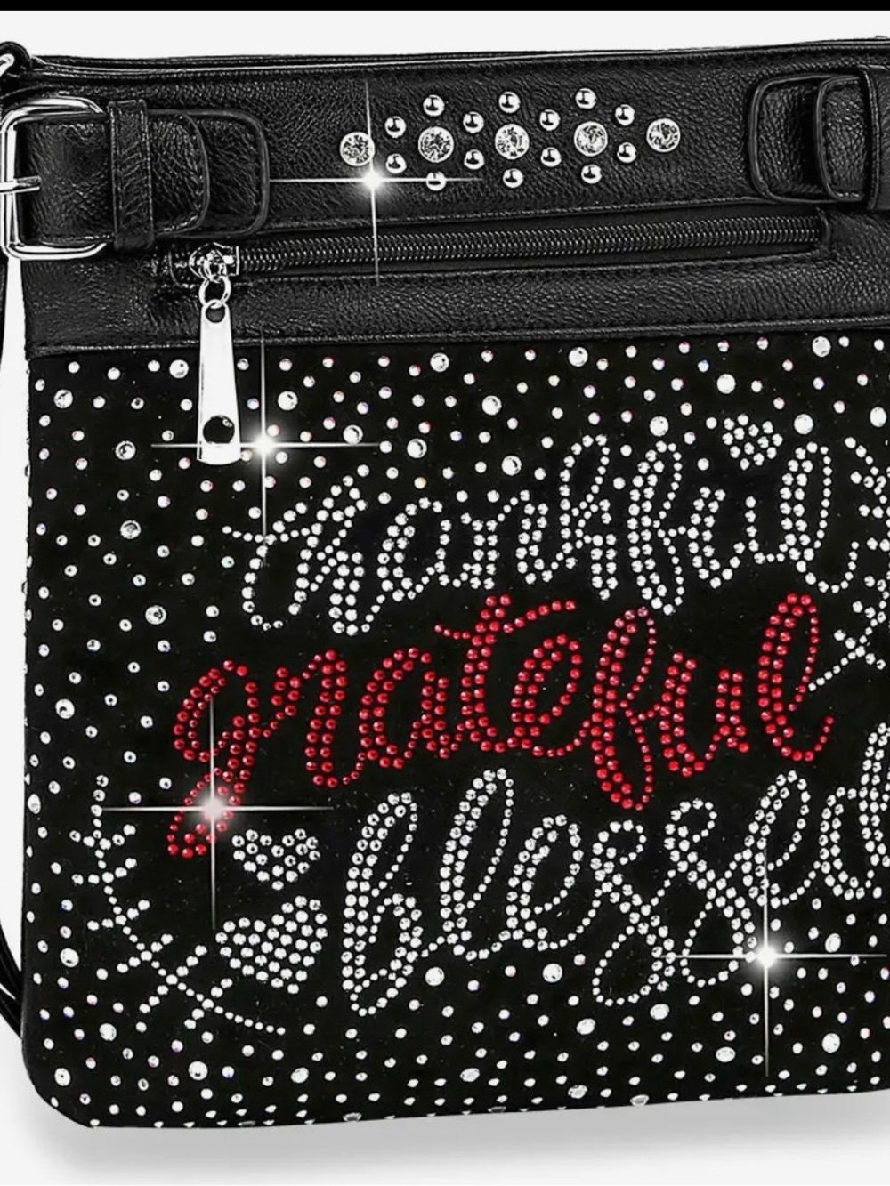 Black 'Grateful' Rhinestone Crossbody Bag